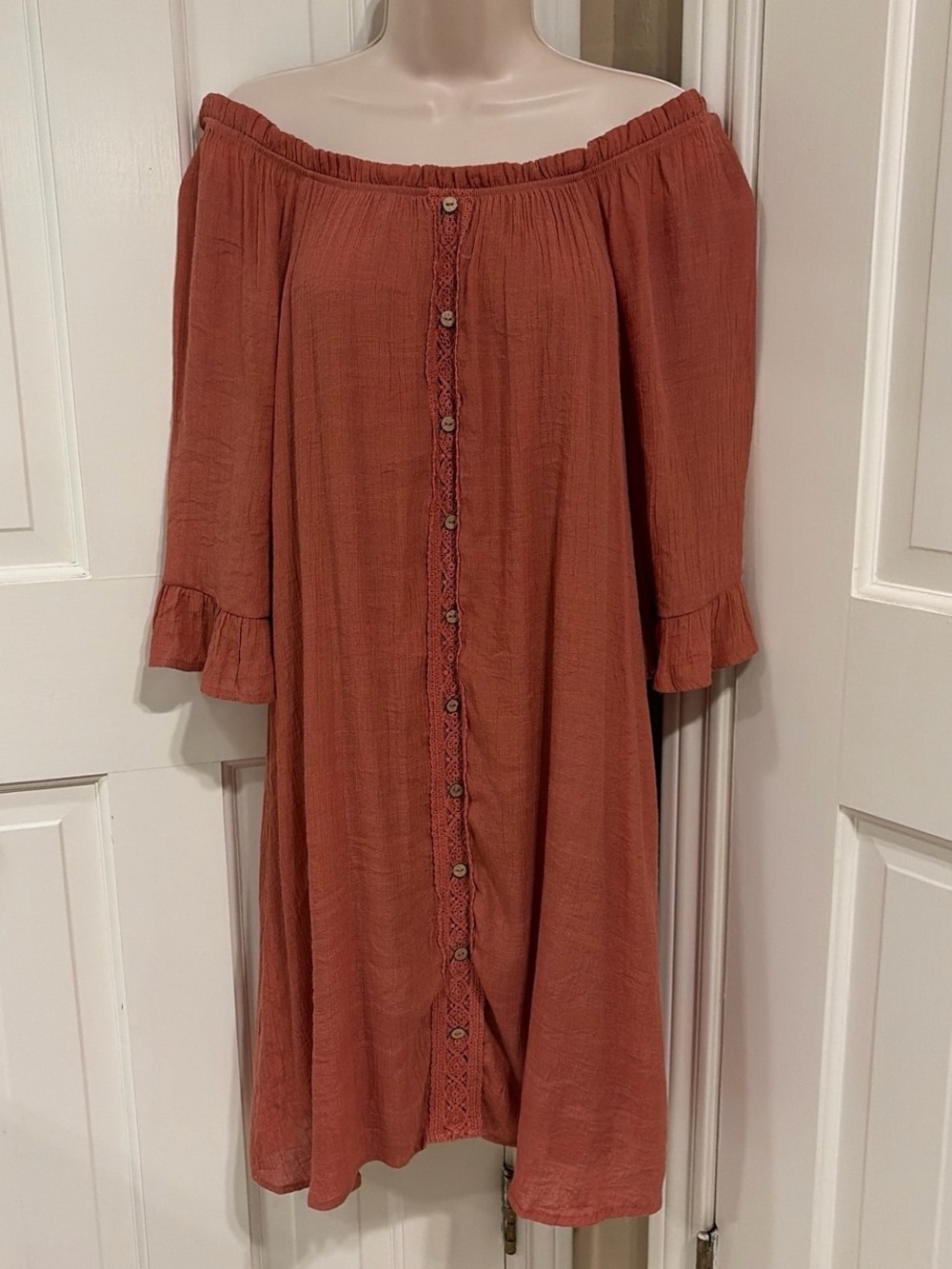 Rust Off-Shoulder Button Front Dress